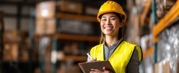 The smiling warehouse worker confidently checks inventory with a clipboard.