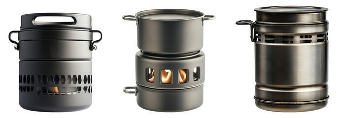 Three unique camping stoves isolated on a transparent background, showcasing their design and functionality