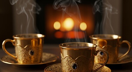 Golden cup with hot beverage in front of fireplace