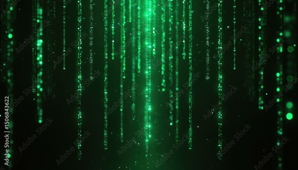 Aufkleber Futuristic digital green matrix background. Cyber texture particles of different sizes flow. Technology illustration with binary code effect stream. Abstract data transferring concept, ai, big data,