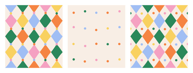 Set of seamless abstract colorful geometric pattern of multicolored rhombuses with small circles, confetti on light background, harlequin motifs, circus pattern, hand drawn illustration, flat style