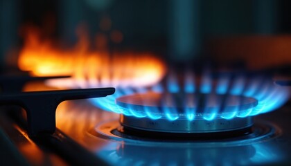 Blue flames dance gas stove burner. Gas stove fire, hot cooking surface. Orange fire flames in kitchen, dark background. Generative AI illustration for gas safety, cooking, heat.