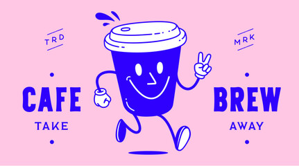 Coffee cup, funny character mascot. Design template, logo, sign, graphic element for advertising, branding, poster. Funny coffee cup, cartoon character mascot, smile coffee cup. Vector Illustration