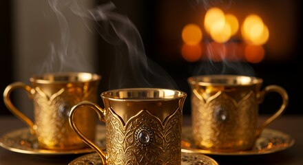 Golden cups with smoke on saucers