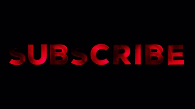 Subscribe - Glowing translucent red neon call-to-action title fade in out on alpha. Perfect drag-and-drop overlay for vlogs, streams, shorts, reels, intros.