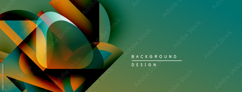 Poster Abstract geometric shapes overlap, creating dynamic color gradients. Teal background complements warm orange, green hues. Modern design element.