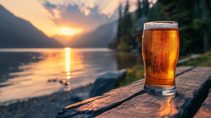 Enjoying a refreshing craft beer by the serene lakeside at sunset with scenic mountain views