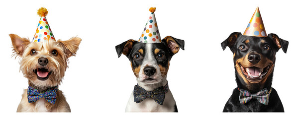 Cute Dogs in Party Hats Celebrating with Joyful Expressions
