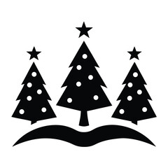 Obraz premium Three Decorated Christmas Trees Topped with Stars on Snowy Hills, Black Silhouette