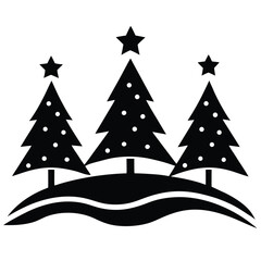 Fototapeta premium Three Christmas Trees with Stars on a Snowy Hill Black Silhouette