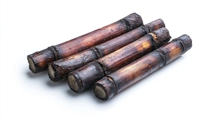 Close-up of Four Brown Sugarcane Stalks on White Background