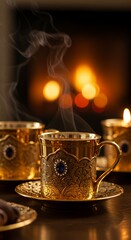 Golden cup with smoke in front of fireplace