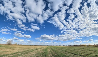 Obraz premium Panoramic field view, fluffy clouds, bright sky
