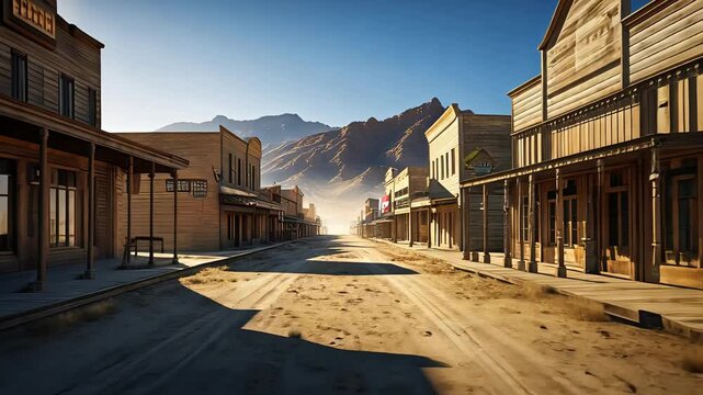 Old western town street with wooden buildings, dusty road, and mountain backdrop under bright blue sky in historical wild west setting

