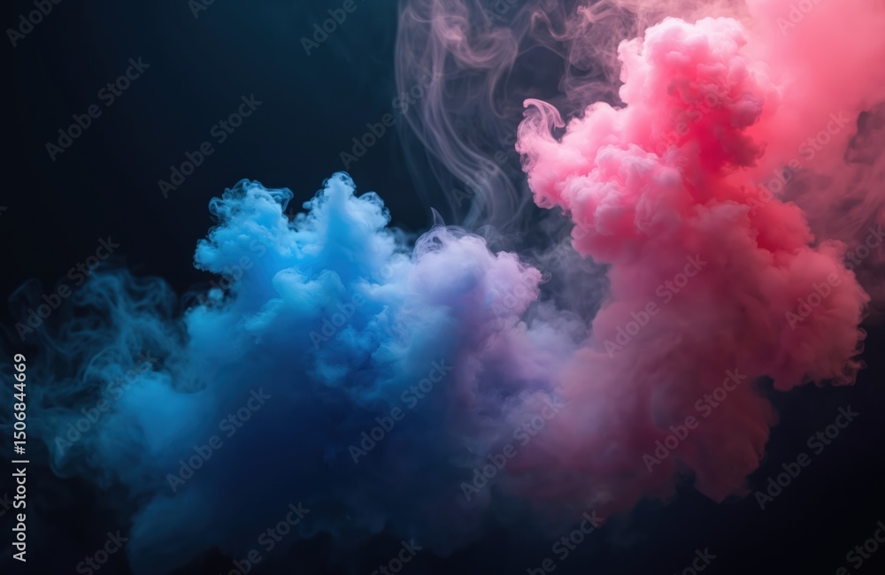 Poster abstract art with swirling blue, pink smoke on black background. dynamic motion, flowing curves, cre