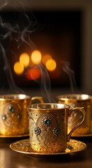 Golden cup with smoke and fireplace in background