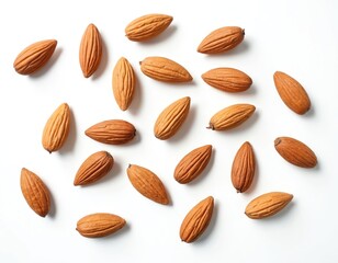 Obraz premium Almond nuts isolated on white background. Healthy snacks, ingredients for baking, breakfast cereals. Raw organic almonds rich in nutrients. Top view close-up, food photography.