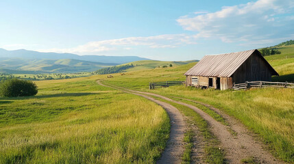 Rustic barn stands serene landscape, surrounded by rolling hills and lush green fields, evoking sense of tranquility