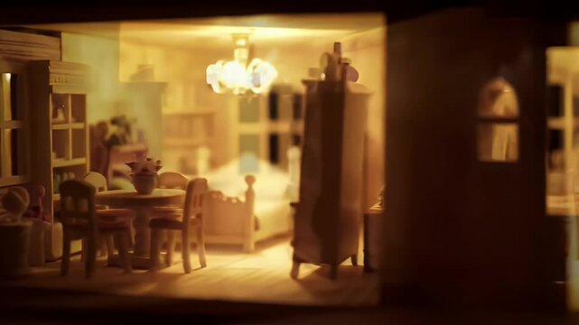 Intimate Dollhouse Interior Warm Lighting Intricate Furniture and Floral Wallpaper Creates Cozy Atmosphere Adobe Stock