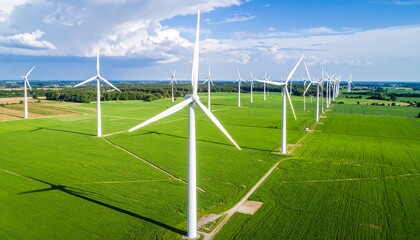 Dozens of turbines in straight rows on a large flat field, daylight, blue cloudless sky.