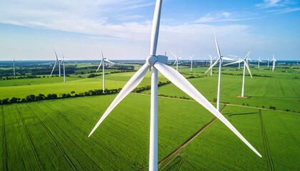 Dozens of turbines in straight rows on a large flat field, daylight, blue cloudless sky.