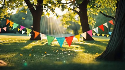 Colorful triangular pennant flags hanging between trees in a sunny green park with morning sunbeams shining through the leafy canopy

 - Powered by Adobe