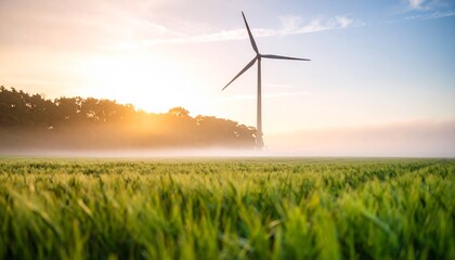 Wind turbine in a foggy field under soft sunrise light, minimalist background, peaceful atmosphere.