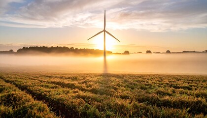 Obraz premium Wind turbine in a foggy field under soft sunrise light, minimalist background, peaceful atmosphere.