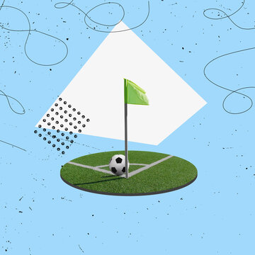 Fototapeta Art flat design collage - a soccer ball on the green grass on the line on corner in soccer stadium. corner kick.