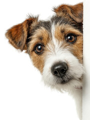 Scared terrier peeking from side, showcasing its expressive eyes and fluffy fur against plain transparency background. This adorable dog evokes sense of curiosity and playfulness