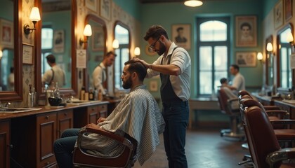 Stylish barber cuts client hair. Man in barbershop, receiving haircut. Hairdresser styling male hair with comb, scissors. Hair care, grooming, beauty service.