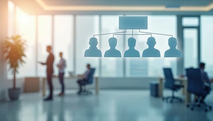 Digital representation of organizational chart in modern office. Soft daylight illuminates team structure, corporate hierarchy. Teamwork collaboration depicted. Business strategy. Interface.