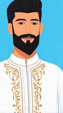 Illustration of a man in traditional Middle Eastern clothing with gold embroidery against a light blue background
