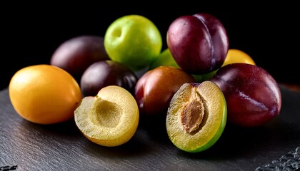 Purple, green and yellow plums whole and cut in half  on black slate stone on black background. Generated image