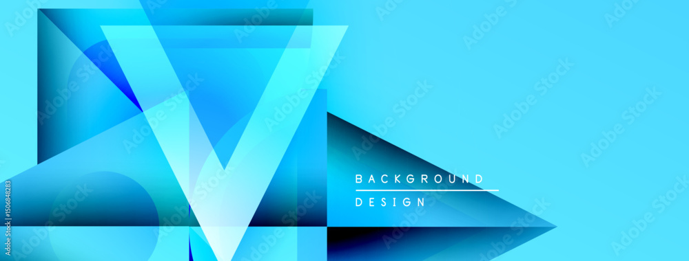 Poster Abstract geometric design. Blue gradients create layered chevron shapes. Modern background with text indicating design elements.