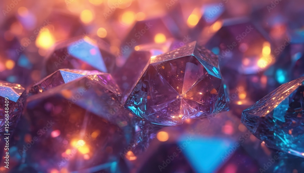 Poster macro close-up of abstract iridescent crystal facets with sparkling highlights. geometric polygonal 