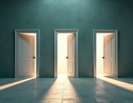 Three doors represent choice decision in minimal interior, each door open with bright light. Concept of opportunity, new beginning, unknown future, uncertainty, possibilities, freedom and hope.