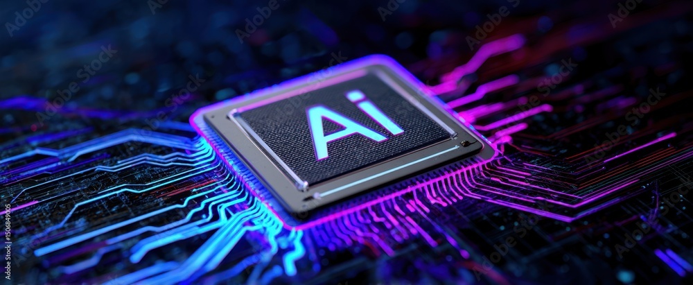 Poster the ai microchip showcasing advanced technology in a futuristic circuit design.