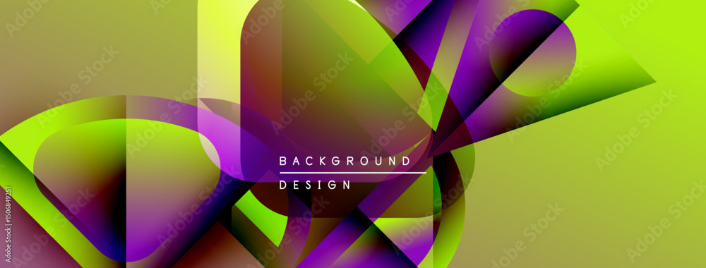 Poster abstract geometric shapes overlap, creating vibrant color gradients. yellow, purple, green dominate 