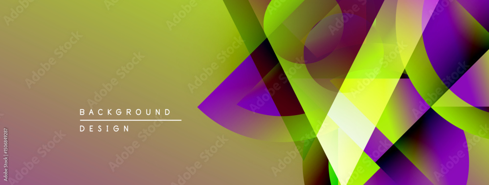 Fototapete Abstract geometric shapes overlap, creating vibrant color gradients. Background features purple, green, yellow hues. Modern design element.