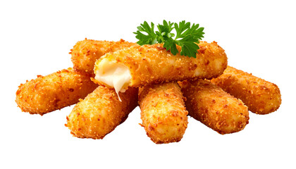 Crispy Mozzarella Sticks with Gooey Melted Cheese isolated on solid white background in Png
