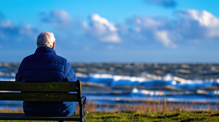 Fototapeta premium Elderly man sitting on bench by sea, enjoying view of waves and clouds. moment of tranquility and reflection