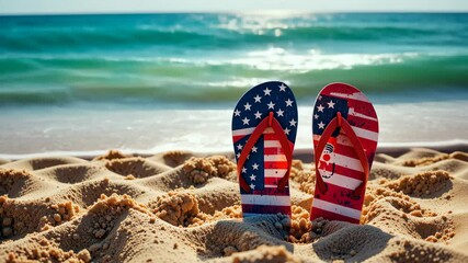 Flip-flops with american flag print stand on sand near ocean waves under bright sky. Concept of patriotic summer holiday - Powered by Adobe