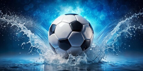 Naklejka premium Soccer Ball Splash 3D Render, Water, Blue Background, Sport, Dynamic Composition Soccer, 3D rendering