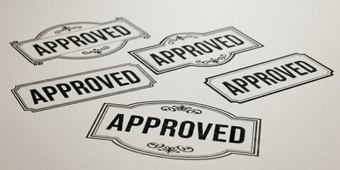 Approved Stamp Collection on Beige Background | Various Badge Designs for Quality Assurance, Compliance, and Permission Concepts