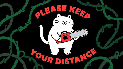 Fototapeta premium Cute white cat with a chainsaw stands among green vines, blending humor and menace in a bold, graphic style