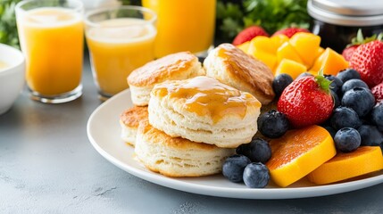 A Beautifully Set Table Featuring Fluffy Biscuits with Gravy Surrounded by Fresh Fruits and Juices