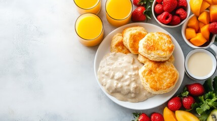 Beautifully Set Table with Biscuits, Gravy, and Fresh Fruits for a Delicious Breakfast Experience