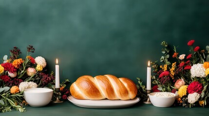 Beautifully Set Shavuot Table with Candles and Fresh Flowers for Celebration
