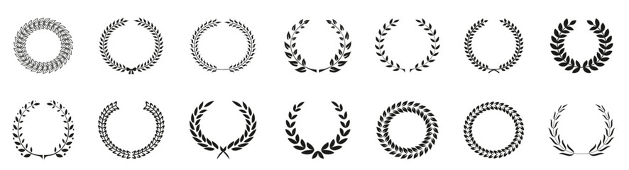 Laurel wreath collection. Set of black laurel wreath brunch decoration. Black vintage laurel wreath collection vector